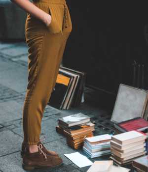Model in yellowish tight trousers